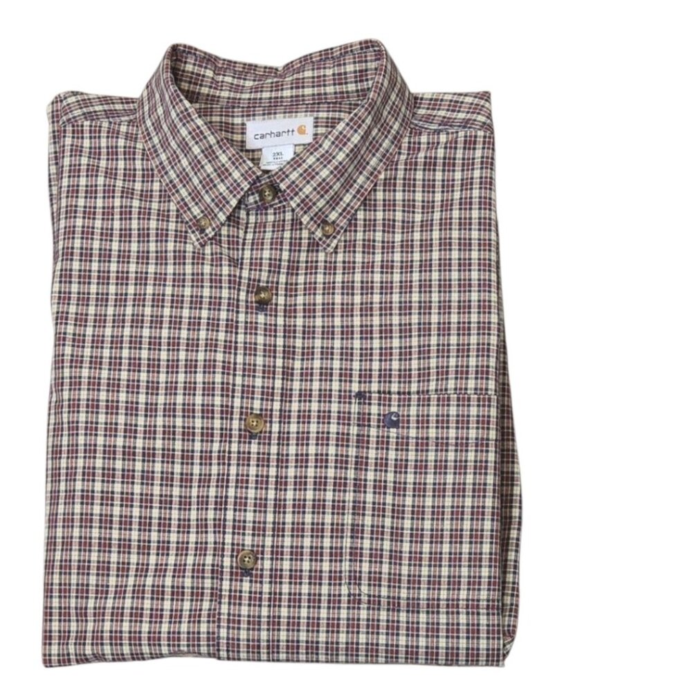 Carhartt Men's 2XL Tall Brown Plaid Button Up Shirt Cotton Workwear